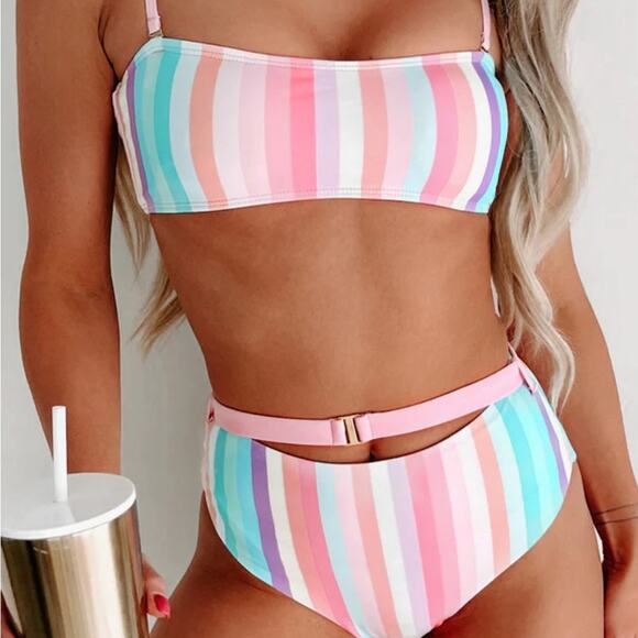 NWT Beach Joy ocean dreams Bikini Set Multicolor striped belted bottom medium - Picture 3 of 9
